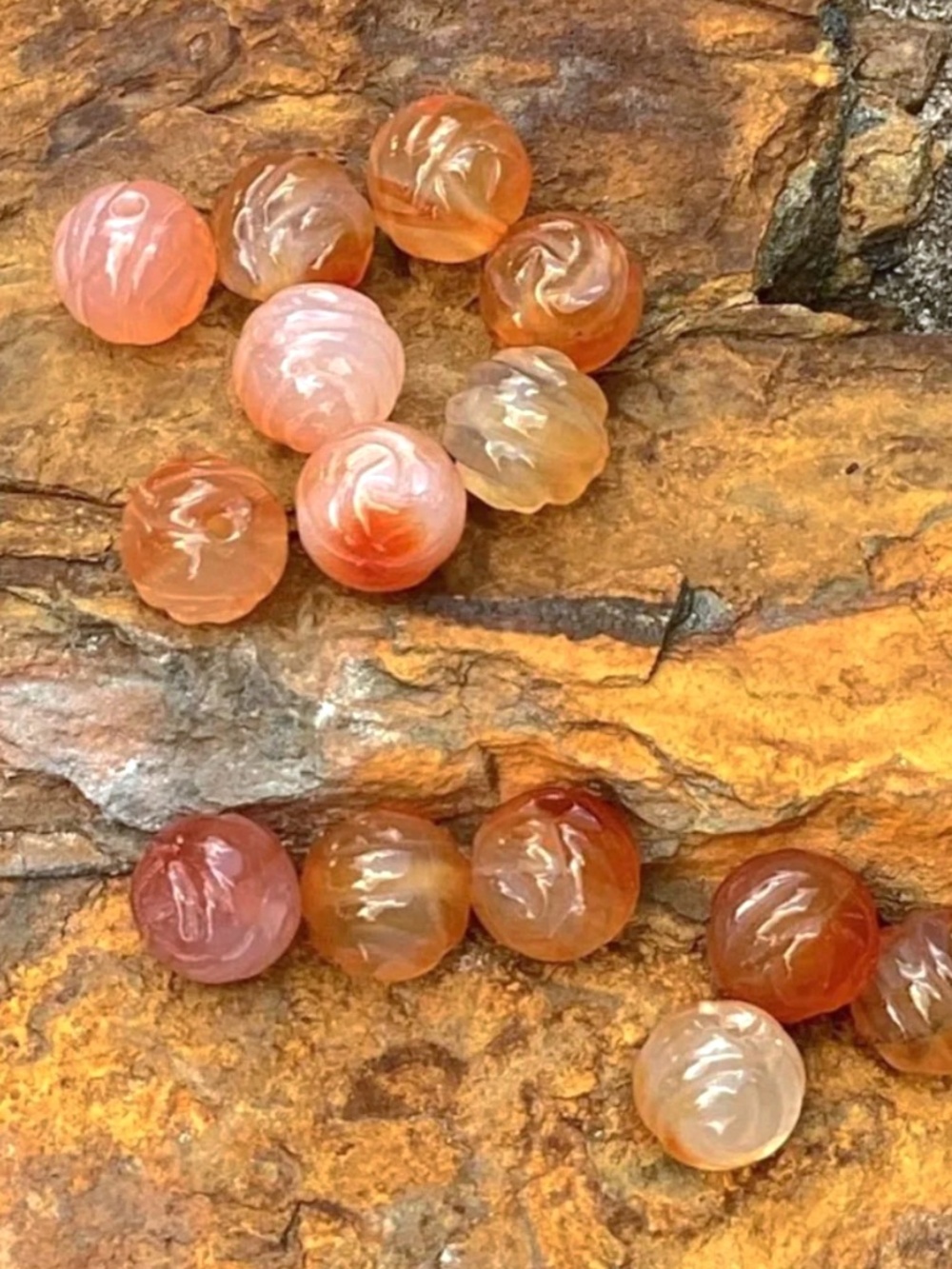 14 Pieces Carved Carnelian Beads, 10mm, NWT